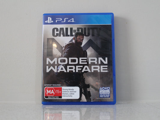 Call of Duty: Modern Warfare game case for PS4 on a reflective surface with a light gray background