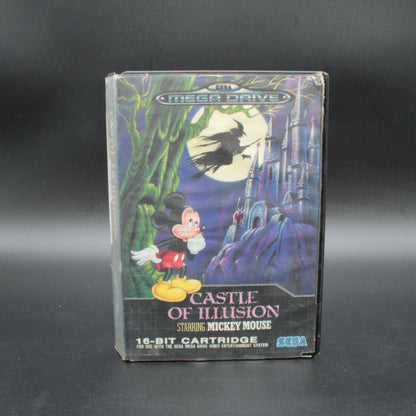 Vintage video game cartridge box for 'Castle of Illusion Starring Mickey Mouse' on a dark background