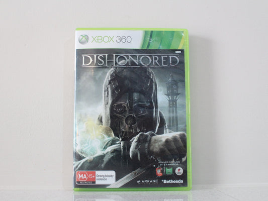Game box for 'Dishonored' on Xbox 360 with a gray and green color scheme.