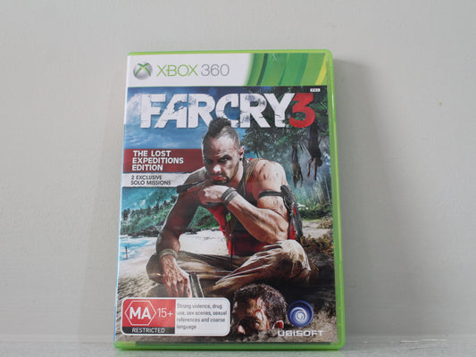 Xbox 360 game case for 'Far Cry 3' on a gray background