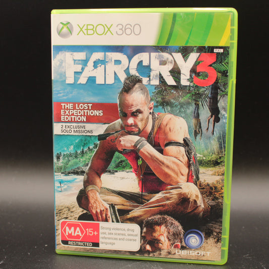 Xbox 360 game case for 'Far Cry 3' on a dark background