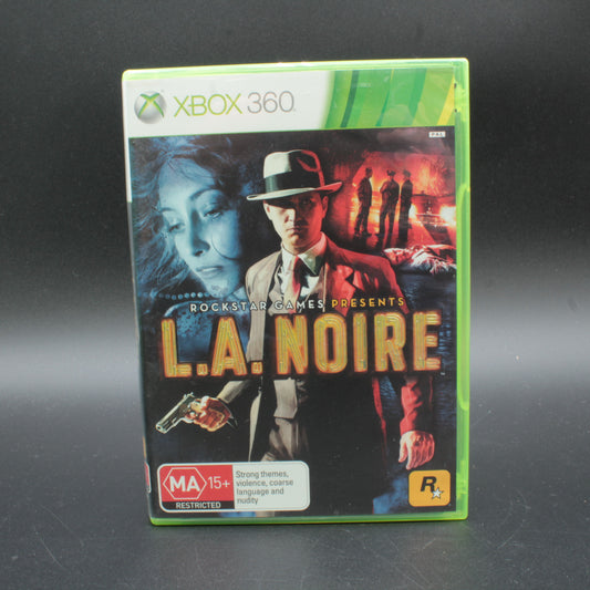 Xbox 360 game case for 'L.A. Noire' on a dark background