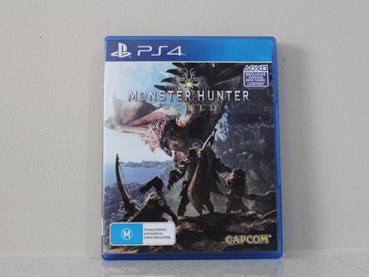 Monster Hunter World game case for PS4 on a gray background