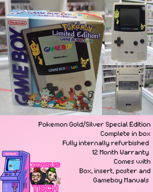 Pokémon Gold/Silver Special Edition Game Boy Color with packaging and close-up of the console.