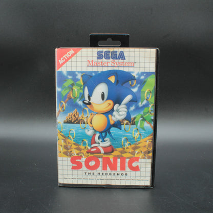 Sega Master System Sonic the Hedgehog game cartridge on a black background